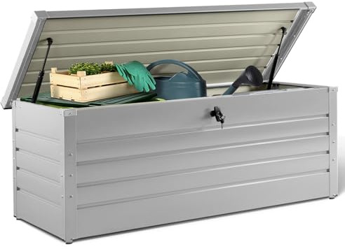 IDMarket - Coffre de rangement métal verrouillable gris clair pour jardin 600L 165x70x63 cm