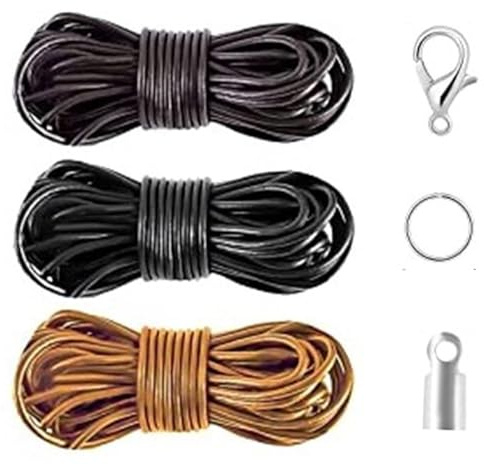 3 Rollen 5M x 2mm Lederschnur Lederband aus echt Leder, Klassik Vintage Band Faden für Armband Ketten Schmuck DIY Handwerk - Schwarz, Braun, Natur Echtlederband