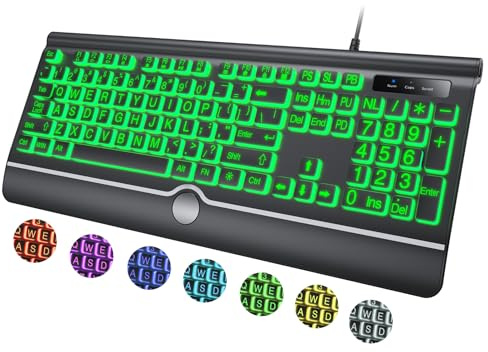 Bakbelyst datortangentbord med stort tryck, 7-färgs bakgrundsbelyst tangentbord med handledsstöd, USB plug-and-play, överdimensionerade bokstäver tangenter lätt att se och skriva, trådbundna upplysta