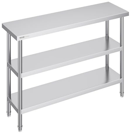 VEVOR Stainless Steel Food Prep table, 14 x 48 x 34 Inch Commercial Kitchen Worktable, with 2 Adjustable Undershelf, Heavy Duty Prep Table Metal Work Table for BBQ, Kitchen, Home, and Garage