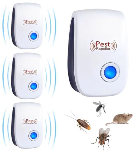 aiMaKE Repelente Ultrasónico de Plagas, 4 Pack Electrónico Repelente Mosquitos Insectos Control de Plagas, para Interiores Anti Ratones,Cucarachas, Moscas,Mosquitos, Arañas