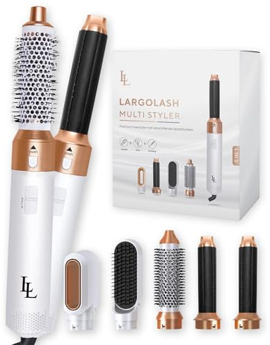 Largolash Warmluftbürste Heißluftbürste 5-in-1 Set, Föhnbürste, Lockenbürste mit Auto-Wrap, schnelltrocknend, 3 Temperaturstufen, Ionen-Technologie, 1000W, ohne Hitzeschäden, Weiße