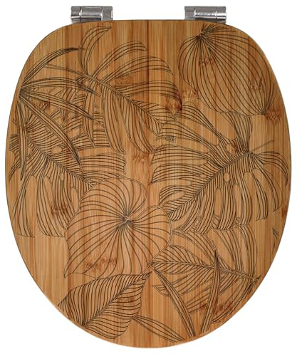 banjado® Hochwertig gravierter Design WC Sitz Bambus Absenkautomatik Monstera/Toilettendeckel mit Absenkautomatik Holz/Bambus Klodeckel/WC-Sitz für alle gängigen Toiletten