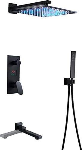 GLJTUO Ensemble De Douche Système De Douche À LED avec Affichage Numérique Ensemble De Robinet De Douche Noir avec Bec De Baignoire Pivotant Ensemble De Douche Combiné À Effet Pl,8 inches
