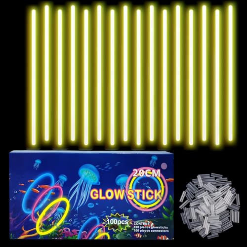 Braccialetti Luminosi Fluorescenti Giallo 100 Pezzi, Colorati Bastoni Bulk con 100 Connettori, Glow Sticks Bambini Adulti per Compleanno, Feste, Carnevale, Capodanno, Pasqua, Halloween