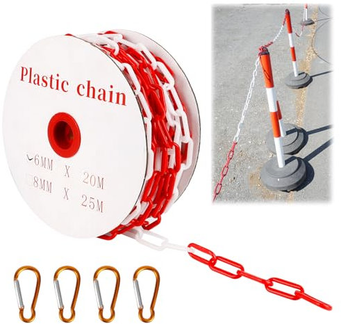 Chaîne Plastique Rouge et Blanche, Chaîne de Signalisation en Plastique 20m*6mm, Chaine de Sécurité avec 4 Fermoirs en Alliage d'Aluminium pour Verrouiller les Surfaces