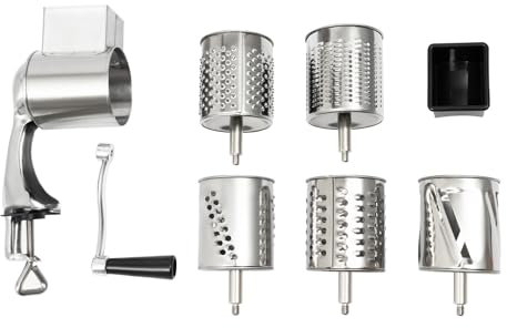 Grattugia a tamburo in acciaio inox con 5 fogli di tamburo, tagliaverdure manuale per cetrioli, carote, patate, ecc., Taglio facile e veloce
