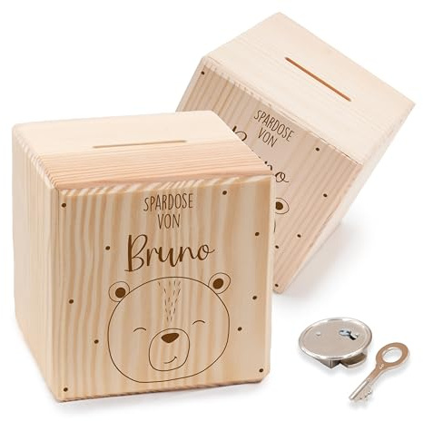 KIDSMOOD - Spardose für Kinder aus Holz mit Schlüssel – Personalisiertes Sparschwein mit Namen & Niedlichen Motiven – Sparbox zum Geld Sparen