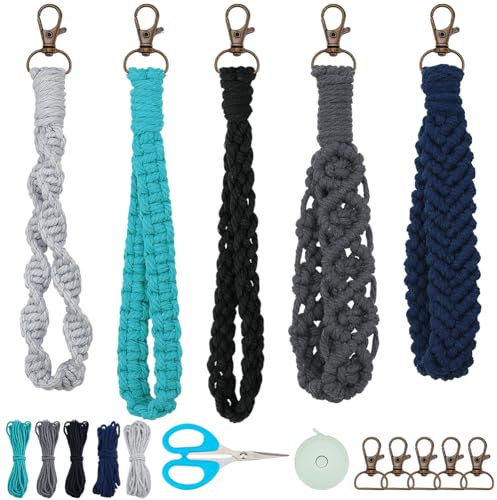 INFUNLY 5 Set DIY Makramee Armband Schlüsselanhänger Set Boho Armband Schlüsselband Set Für Anfänger Makramee Bunte Armband Schlüsselring Set Mit Anleitung Handgefertigtes Knotenset Aus Baumwollkordel