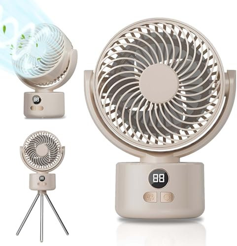 XUJMK Ventilatore da Tavolo Portatile con Treppiede Regolabile, 3600mAh Ricaricabile USB-C, 3 Velocità + Funzione Oscillazione, Silenzioso per Casa/Ufficio/Viaggi - Design Compatto (22cm Chiuso)