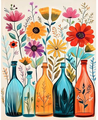 DAERLE Peinture par numéros pour adultes sans cadre, fleurs colorées, kits de peinture sur toile, bouteilles en verre, loisirs créatifs, pigments acryliques