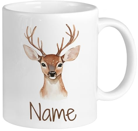 GRAZDesign Kinderbecher personalisiert mit Reh-Motiv – Individuell bedruckte Tasse für Kinder mit eigenem Namen – Hochwertige Keramik 330m