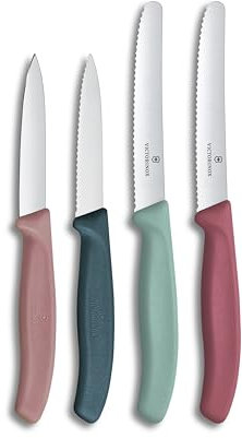 Victorinox Swiss Classic Set di Coltelli per Frutta e Verdura, 4 pezzi, Lama Affilata, Dritta e Seghettata, Fabbricato in Svizzera, Sfumature di verde, rosa