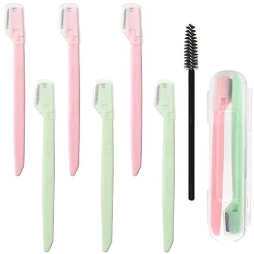 DILUSILK 3 Boxes Eye Brow Razors, Small Head Eyebrow Face Razors Dermaplaning Blades, Women & Men, Green & Pink, 6 Pieces, Eyelash Brush, Storage Case