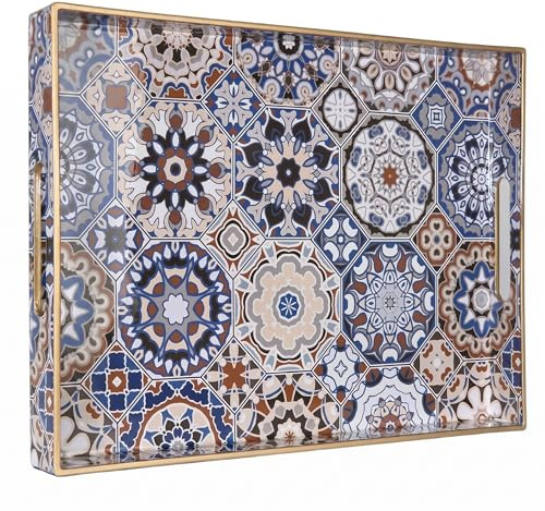 Heaven4you Bandeja decorativa de mosaico rectangular con borde dorado y asas, elegante organizador o bandeja de alimentos para cocina, mesa de café o entretenimiento