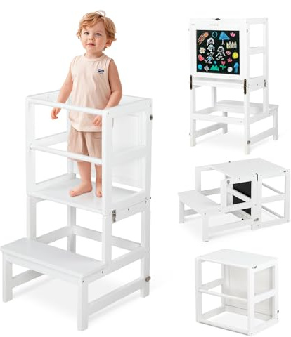 Bonnlo Lernturm mit Tafel für Kinder, Montessori Lernturm klappbar ab 1 Jahr, Learning Tower Holz für Küche und Bad, 45x45x84cm (weiß)