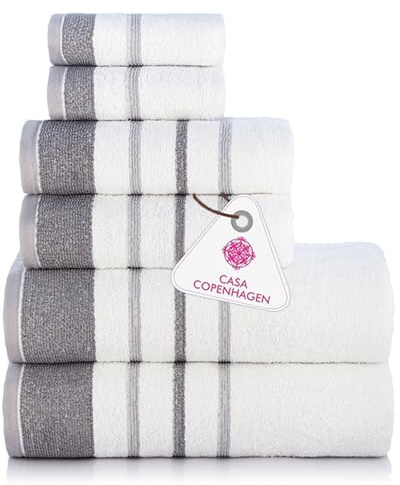 Casa Copenhagen White Bay - Toalla de algodón Egipcio de 600 g/m² para Hotel, SPA, Cocina, baño, Juego de 6, 2 baños, 2 Manos, 2 paños de Lavado, Color Blanco con Borde Gris Oscuro y Gris Claro