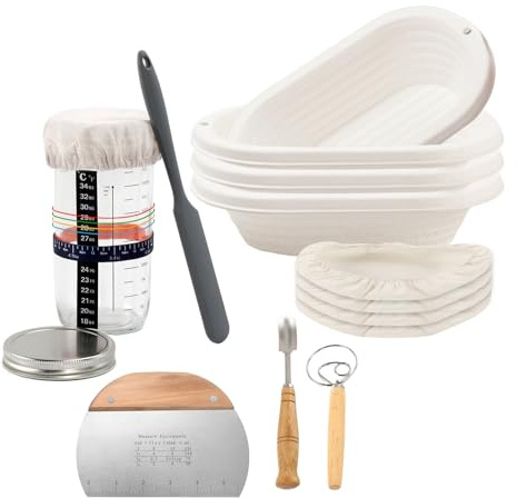 4pcs 10Inch Oval Sourdough Bannetons Bread Proofing Basket with 24oz Sourdough Starter Jar Kit Dough Scraper Whisk Homemade Bread Baking Supply