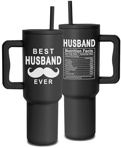 Cadeaux pour mari – Gobelet de 1200 ml avec poignée et couvercle à paille, cadeaux personnalisés pour son anniversaire, anniversaire de mariage et occasions spéciales