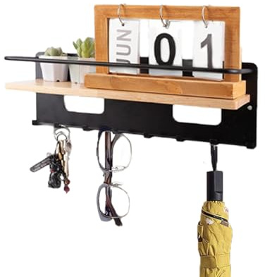 BUERPINKING Tablero para llaves con estante, soporte para llaves de pared negro, madera decorativa, con 7 ganchos, moderno estante para llaves para pasillo, cocina, entrada