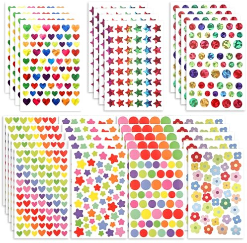 kclkda 1879PCS 32Sheets Assorted Coloured Teacher Reward Stickers – Hearts, Stars, Circles & Flowers, Stickers Sheets for Scrapbooking Craft Sticker Rainbow Sticker for Classroom Rewards