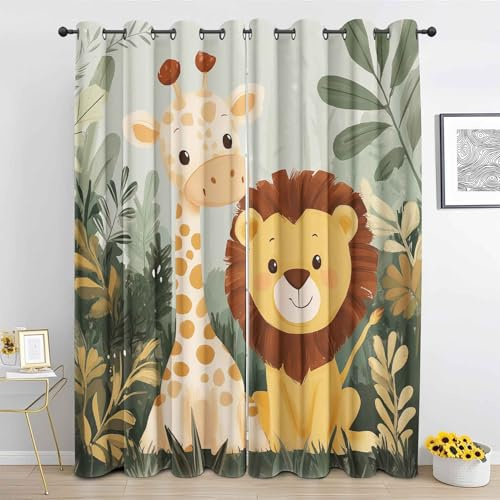Dschungel Löwe Giraffe Vorhang, Safari-Tiere Gardinen mit Ösen 2er Set Verdunkelungsvorhang - Karikatur Tierwelt Vorhänge, Wohnzimmer Schlafzimmer Kinderzimmer Blickdichte vorhänge, 183x214 cm