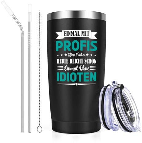 Livole Weihnachtsgeschenke für Männer, Kollegen, Mann Geschenk Weihnachten, Tasse mit Spruch - Einmal mit Profis war früher heute reicht schon einmal ohne Idioten - 600ml Edelstahl Camping Becher