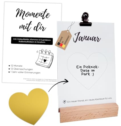 PuK Krämmer GmbH Tischkalender Momente mit dir A6 | 12 Monatskarten mit Holzsockel & Klammer | Überraschungskalender | Inkl. 12 goldene Herz-Rubbelsticker | Geschenkidee