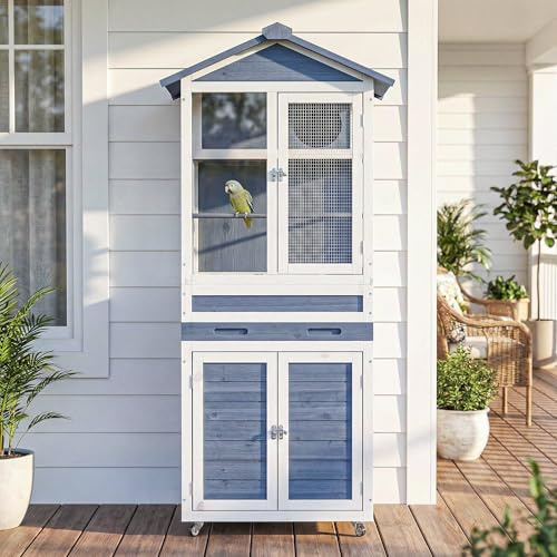 59 H Wooden Outdoor Bird Aviary on Wheels, Bird Cage with Storage & Pull-Out Tray for Small Birds, Finches, Parrots, Indoor Bird Cages with Feeder, Easy to Clean, Grey
