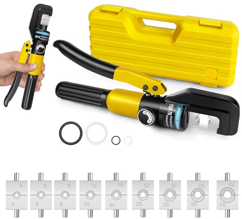 Hydraulic Crimping Tool, Battery Cable Lug Crimping Tools with 9 Sets of Crimping Shapes 4-70 mm² for Copper Aluminium Cable Lugs, Hand Electrician Crimper Pliers for Electrical Wiring Repair,Yellow