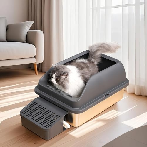 Lettiera per gatti XXL Premium – Lettiera aperta in acciaio inox, grigio, moderna, 62 x 41 x 42 cm, con rampa e paletta