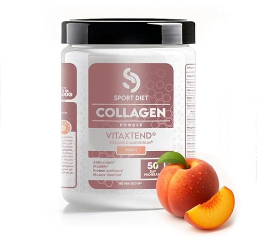 COLLAGÈNE VITAXTEND – 4000mg de Collagène + Glycine, Glucosamine, MSM & Acide Hyaluronique – Articulations, Tendons, Peau – Complexe Vitaminé B6, C, D3, E – Saveur Pêche – 400g – SportDiet