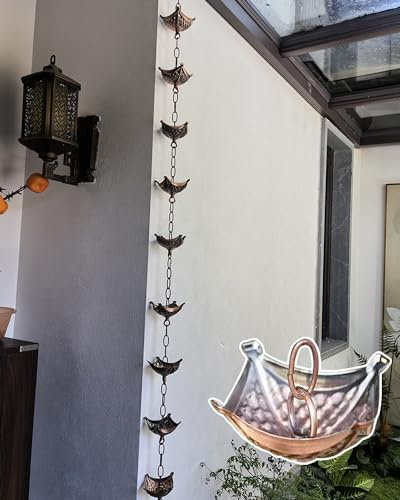 OLSKFUH Regenrinne Mit Blumenbechern Für Den Außenbereich, Bronzefarbene Metall-Regenrinnenkette, 5, 8, 9, 10, 13, 16 Fuß Länge, Hängende Regenrinne Zur Regenwasserumleitung,Style C-35m (115ft)