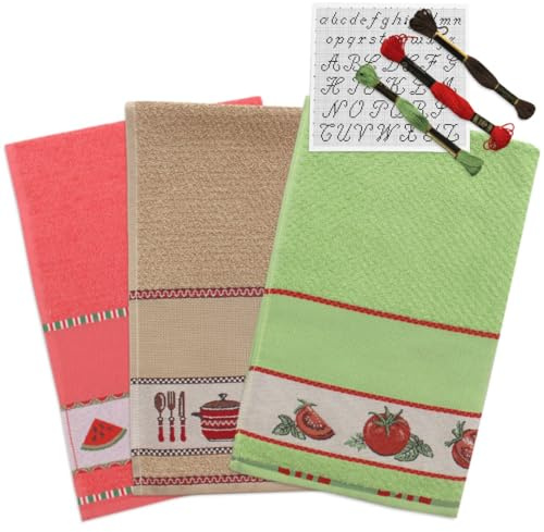 hobbymio.it 3 Pezzi di Strofinacci da Cucina da Ricamare a Punto Croce con 3 Matassine di filo e Schema Ricamo, 3 Strofinacci in spugna colorata, 3 Canovacci con Tela Aida (MIX 2)