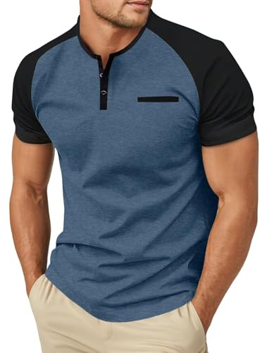 PrinStory Henley T Shirt Mens Summer Short Sleeve T-Shirts Casual Grandad T Shirt Crew Neck Basic Tops with Pocket