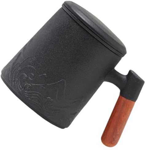 POPETPOP Tasse à Thé en Céramique 400 Ml avec Anse en Bois Couvercle et Infuseur Intégré Mug à Café au Lait Noir Service à Thé Pratique pour Maison Bureau et Présent
