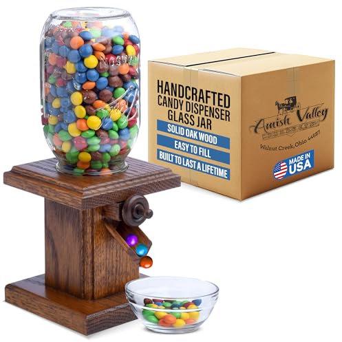 Handgefertigter Amish-Holz-Süßigkeitenspender, Glas, massives Eichenholz, M&M's, Erdnüsse, Reese's Stücke, Kegel, Geleebohnen, Runts (Sauerampfer)