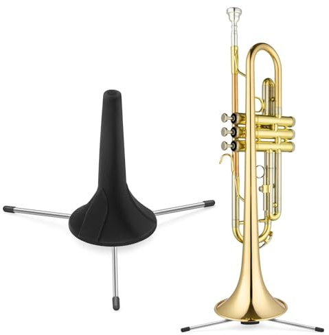 Flexzion In-Bell - Soporte para trompeta, plegable, compacto, portátil, de acero, 3 patas, a nivel del suelo, con compartimento de clavija de almacenamiento y almohadillas de fieltro (negro)