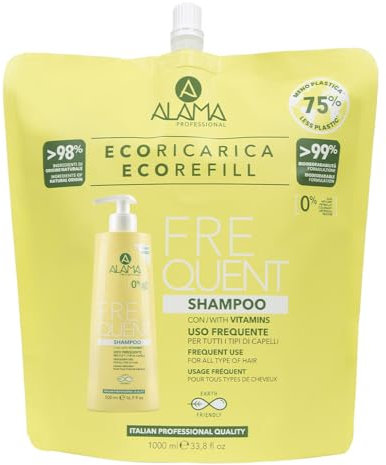 Alama Professional Eco-Refill Frequent Shampoo Detergente per Tutti i Tipi di Capelli, con Vitamine per Capelli Sani, Vitali e Luminosi, senza SLES e Solfati, 90% Ingredienti Naturali, Vegan,1000ml