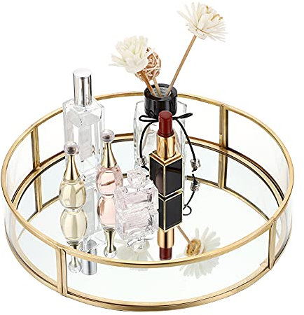 SUMNACON Goldne Rund Parfumteller aus Metall Glas Schmuck Aufbewahrung Verspiegeltes für Schmuck Kosmetikum Parfümflaschen Schmuckorganizer Schminktisch Schlafzimmer Badezimmer Geschenk Frau Mädchen