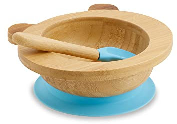 BIOZOYG Set con ciotola di bambù Orso Panda I Ciotola con base a ventosa e cucchiaio - certificato FSC I Splendida scodella in legno di bambù per bambini - ciotola da pappa e muesli rotonda blu