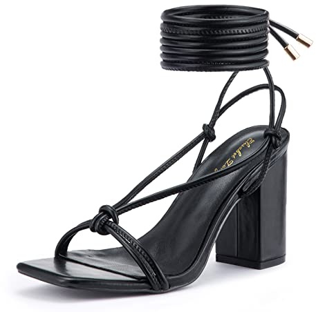 Zhabtuc Damen Sandaletten mit Blockabsatz Schnürsenkel Sandale Eckige Offen Zehen Riemchensandalen Sommer Heel Sandaletten Sexy Party Abschlussball Hochzeit Stöckelschuhe Sandaletten Schwarz EU39