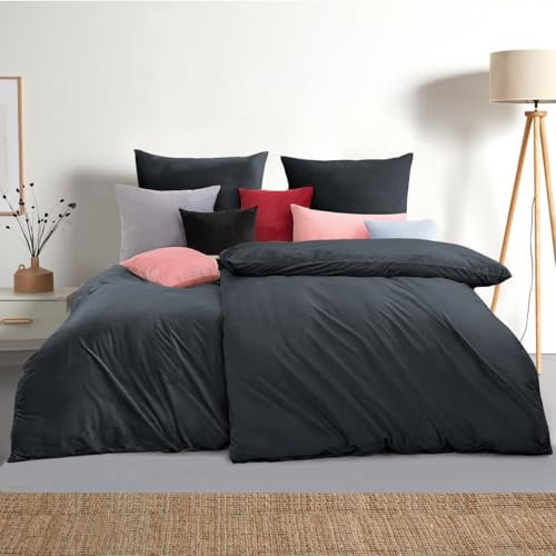 Soifox Winter flanell bettwäsche 135 x 200 4teilig - Anthrazit flauschige und warme Cashmere Touch Bettbezug 2er Set + Kissenbezug 2er Set 80x80 cm mit Reißverschluss