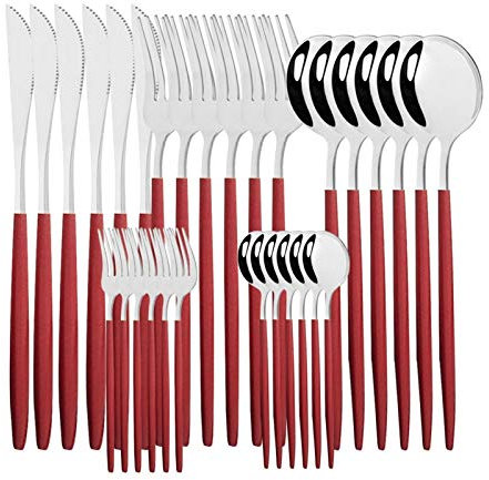Geschirr Set 18/10 Edelstahl 30 stücke Grün Gold Besteck Set Geschirrmesser Salat Gabel Löffel Besteck Set Spülmaschine Safe essgeschirr (Color : Red Silver)