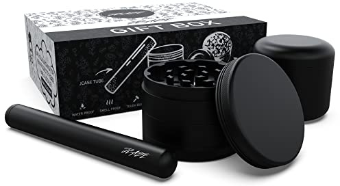 Keramik Grinder Set Crusher ø 63mm Kräutermühle Haftfrei | inkl. Joint Hülle und Stabile Stash Metall Dose ø55x46mm | Premium Grinder Set Schwarz