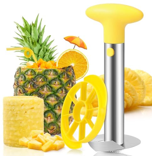 CUNSENR Premium Pineapple Corer and Slicer Tool - Pineapple Cutter with Sharp Serrated Tips - Easy to Use & Clean - Stainless Steel Core Remover for Pineapple - Slice and Core Fruits with Ease(Yellow)