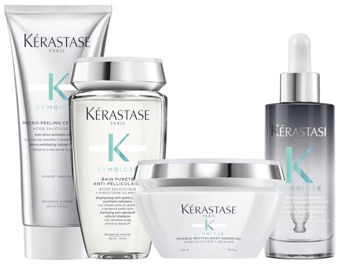 Kérastase, Symbiose, Anti-Schuppen Pflegeroutine mit Peeling, Shampoo, Haarmaske und Haarserum, Für empfindliche, trockene und schuppige Kopfhaut