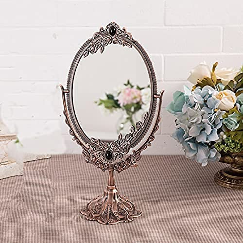 Vanity Vintage Tischspiegel – Europäischer Retro-Prinzessinnenspiegel, Schminkspiegel, Doppelseitiger Spiegel, Antik-Bronze-Spiegel Für Schlafzimmer, Badezimmer, Antike Dekoration,Rotes Kupfer,20