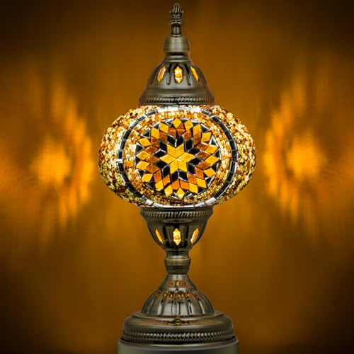 Marrakech Moroccan Mosaic Lamp Turkish Table Lamp, Handmade Turkish Light with Glass Shard and Bronze Base Including LED Bulb for Living Room Bedroom Decor (Yellow)