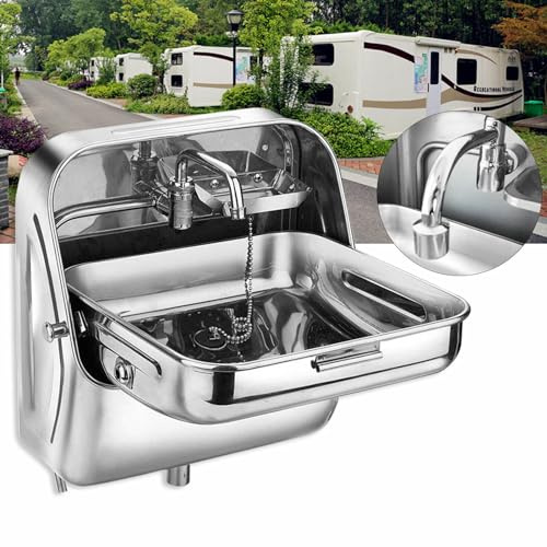 LIYUANJUN RV Sink, Square Single Bowl Sink Stainless Steel Folding Sink with Curved Faucet Multifunctional Hand Wash Basin for Bars, Food Trucks, Campers, Motorhomes, Boats, Vans